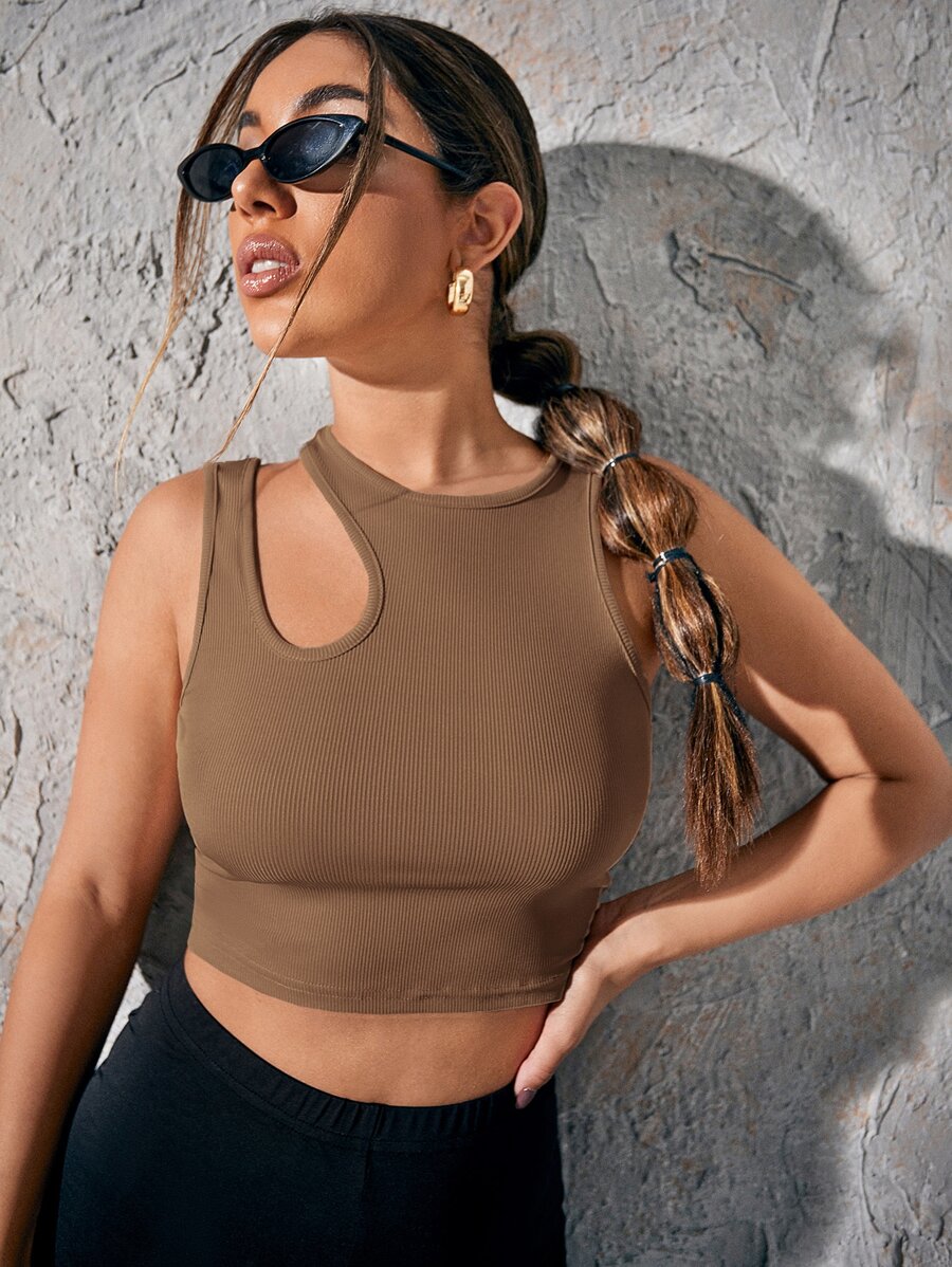 SHEIN SXY Top corto tejido de canalé de cuello asimétrico - Café integral - Ver 1