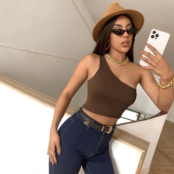 

One Shoulder Crop Top, Chocolate brown