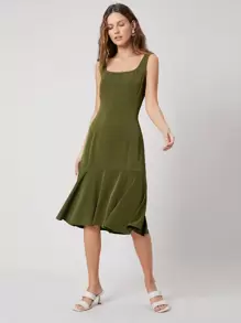 SHEIN 合身飘逸洋裝 - 軍綠色 - 查看 1