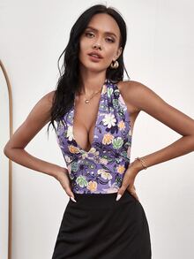 SHEIN Unity Floral Print Tie Back Halter Top - Multicolor - View 4