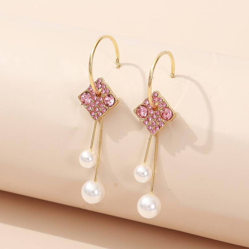 

Rhinestone Decor Hoop Earrings, Pink