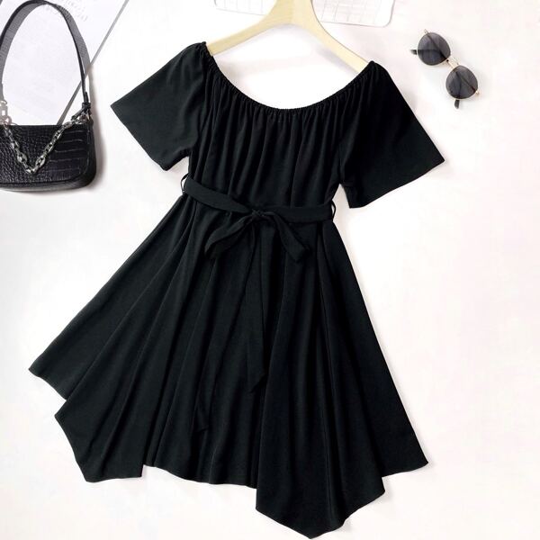 

Plus Solid Belted Hanky Hem Dress, Black