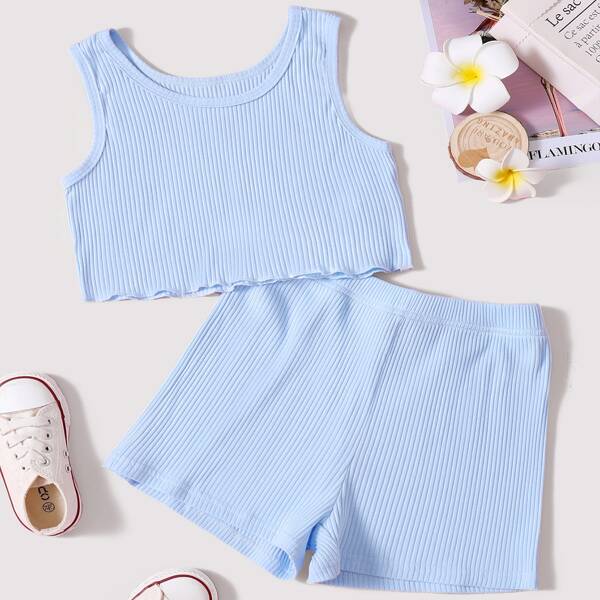 

Girls Ribbed Lettuce Trim Tank Top & Shorts, Baby blue
