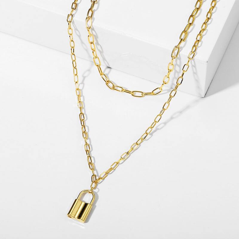 

Lock Layered Chain Necklace, Gold