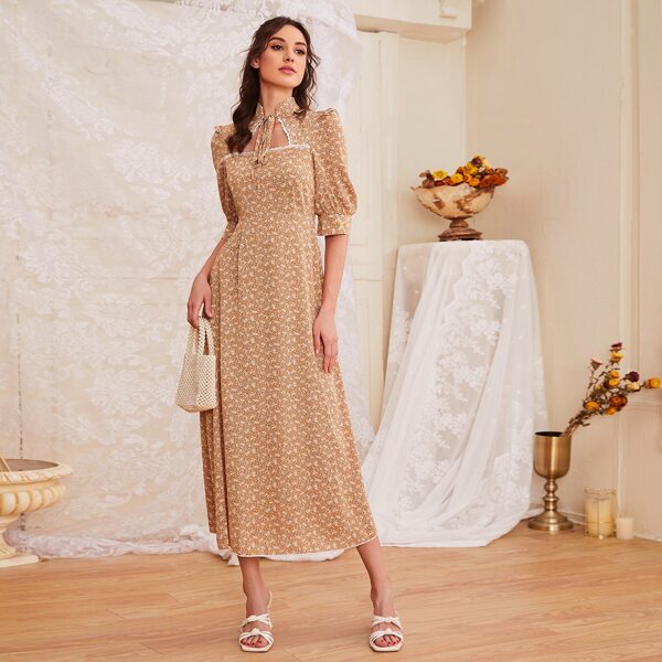 

Ditsy Floral Tie Neck Puff Sleeve A-line Dress, Apricot