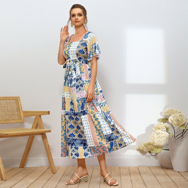 

Paisley Patchwork Butterfly Sleeve Belted Dress, Multicolor