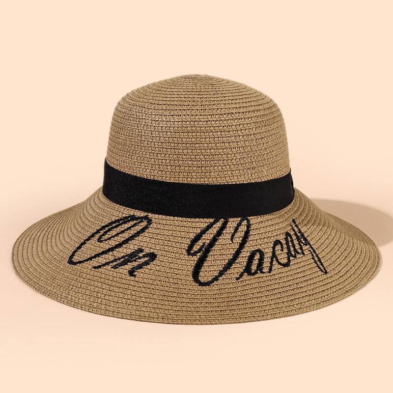 

Letter Embroidery Straw Hat, Brown