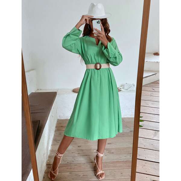 

Notch Neck Tunic Dress Without Belt, Green