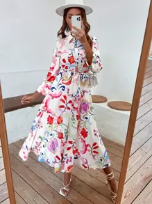 印花襯衫連衣裙帶腰帶 - 彩色 - 查看 1