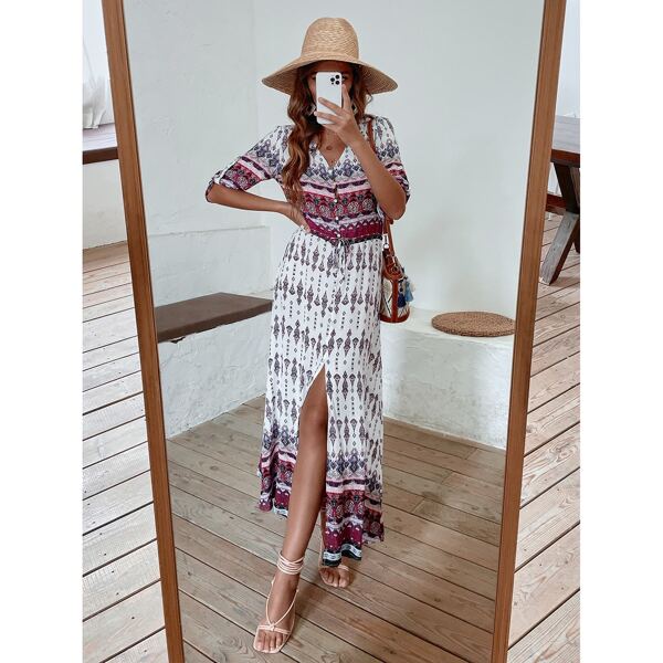 

Graphic Print Button Front Maxi Dress Without Belt, White