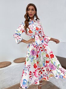 印花襯衫連衣裙帶腰帶 - 彩色 - 查看 5