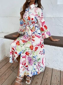 印花襯衫連衣裙帶腰帶 - 彩色 - 查看 6