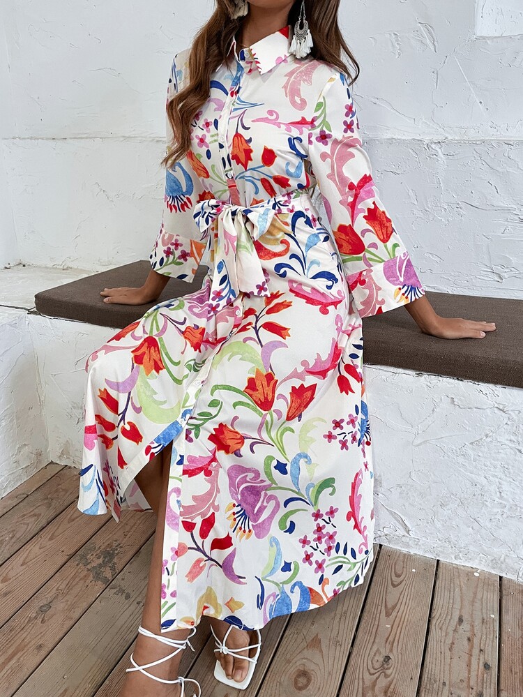 印花襯衫連衣裙帶腰帶 - 彩色 - 查看 6