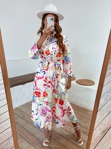 印花襯衫連衣裙帶腰帶 - 彩色 - 查看 7