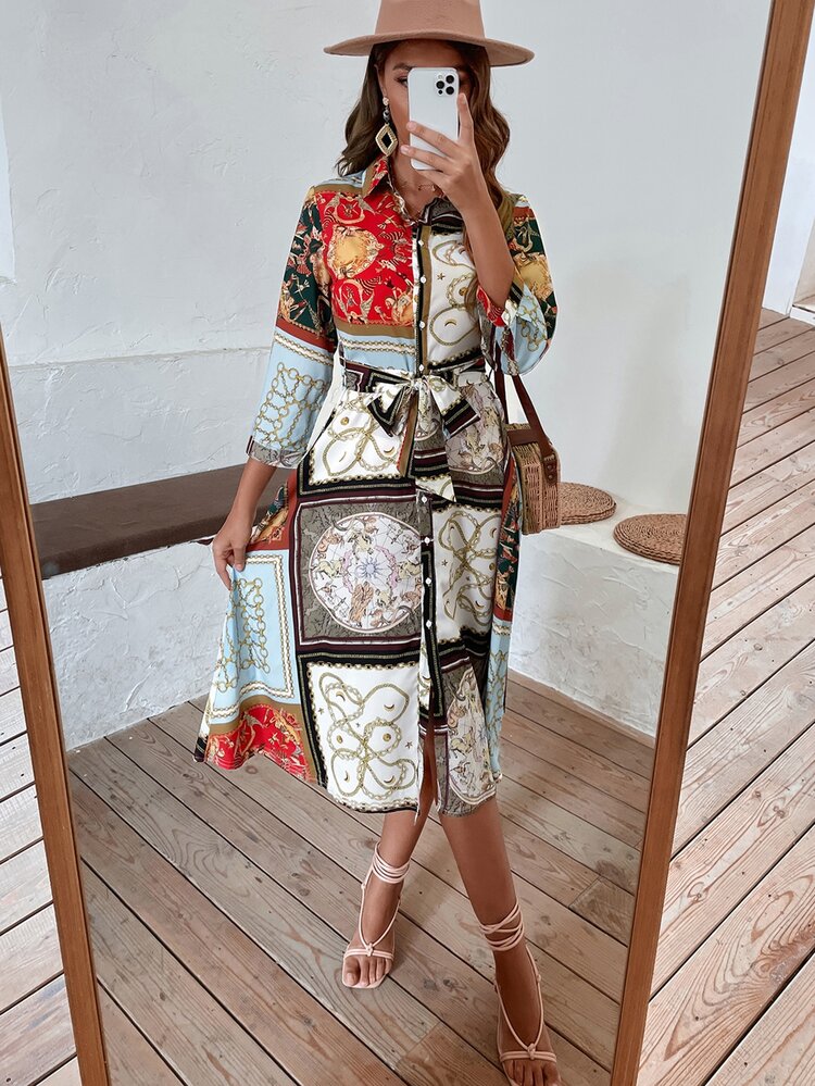 Scarf Print Shirt Dress With Belt - Multicolor - View 1