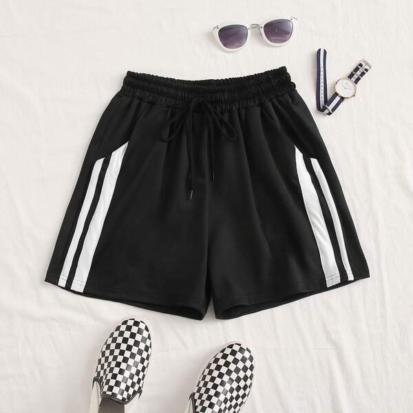 

Plus Striped Drawstring Waist Shorts, Black