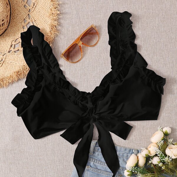 

Plus Frill Trim Knot Front Bikini Top, Black