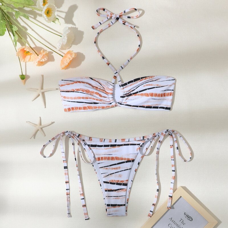 

Graphic Halter Tie Side Bikini Swimsuit, Multicolor