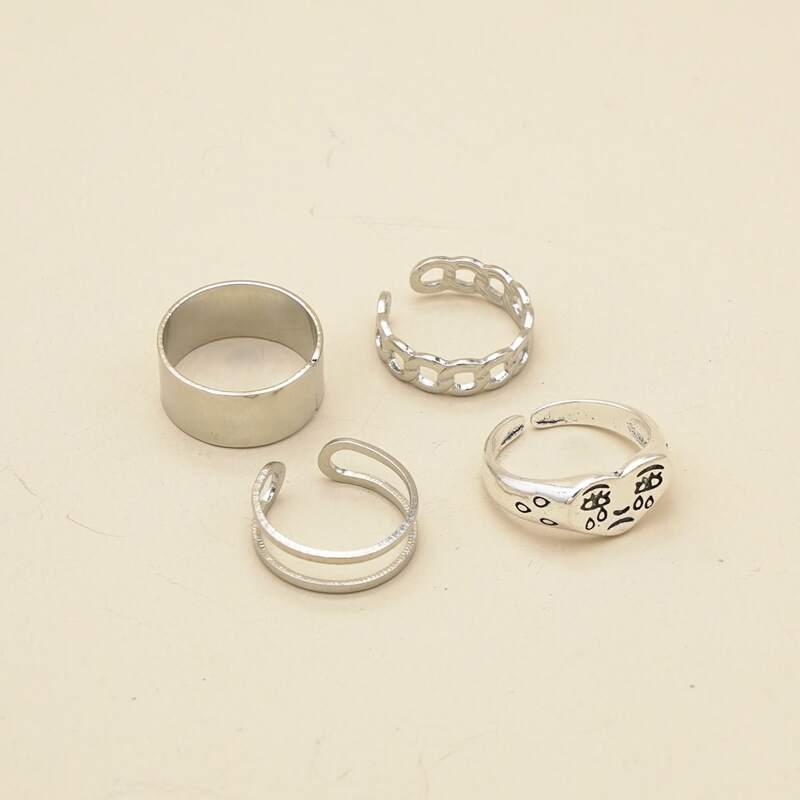 

4pcs Cartoon & Chain Cuff Ring, Silver