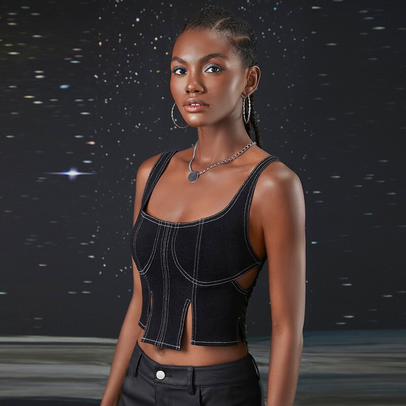 

Contrast Stitch Split Hem Zipper Back Crop Tank Top, Black
