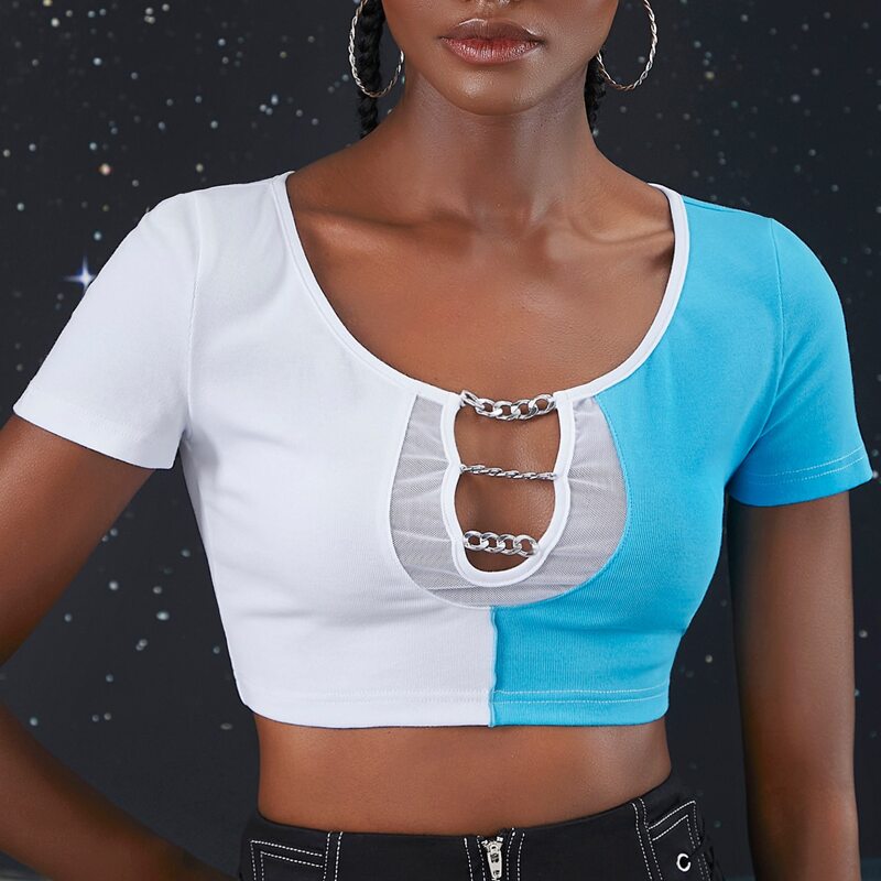 

Chain Detail Colorblock Tee, Blue and white