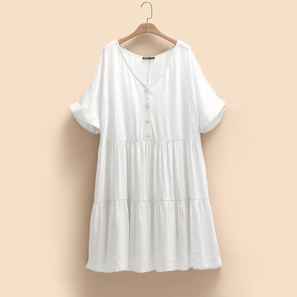 

Plus Half Button Ruffle Hem Dress, White