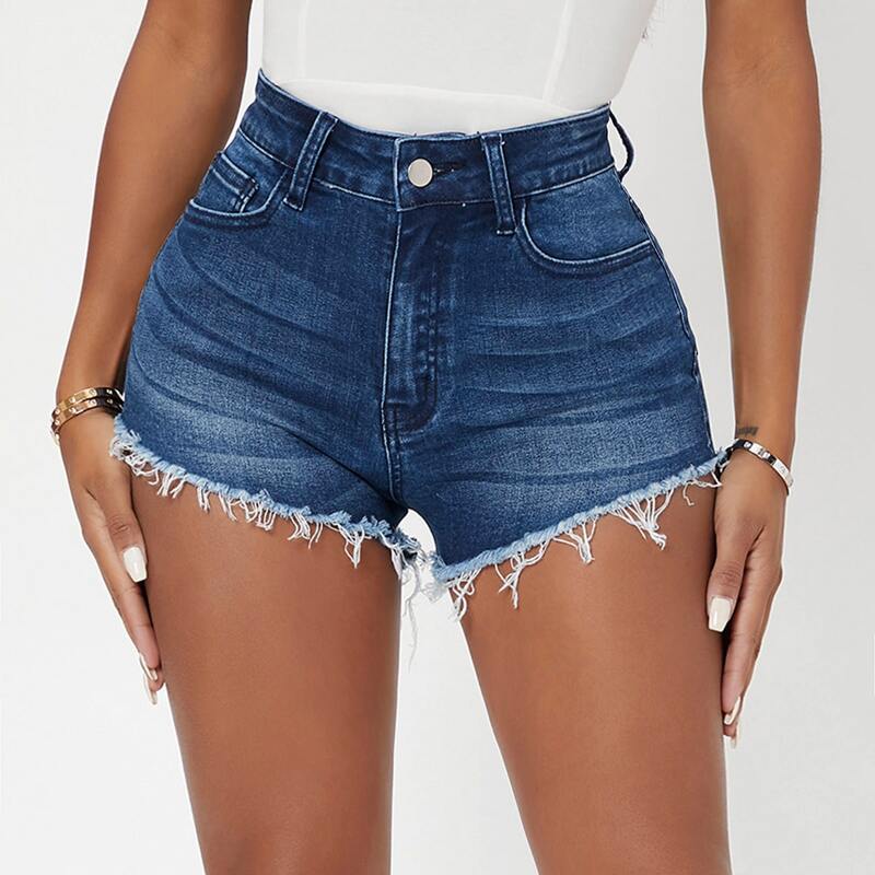 

High Waist Raw Hem Denim Shorts, Dark wash