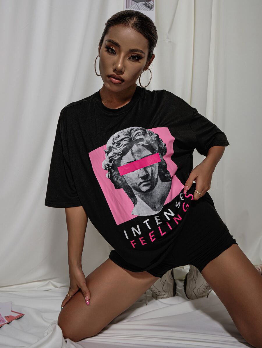 SHEIN Unity Letter & Graphic Print Drop Shoulder Tee - Black - View 1