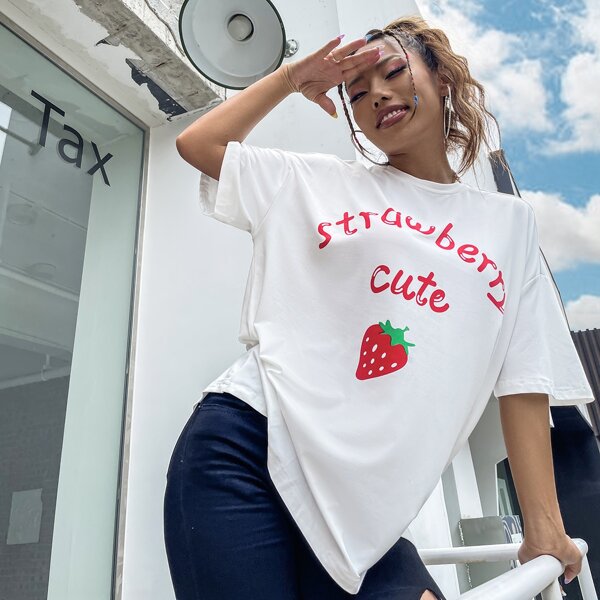 

Letter & Strawberry Graphic Drop Shoulder Tee, White