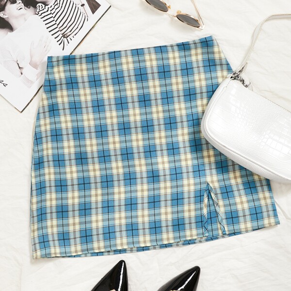 

Split Hem Plaid Skirt, Multicolor