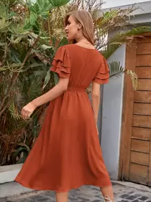 Breezaya V-neck Layered Sleeve Belted Dress - Burnt Orange - View 2