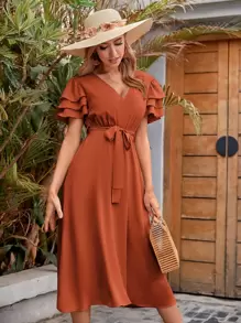 Breezaya V-neck Layered Sleeve Belted Dress - Burnt Orange - View 3