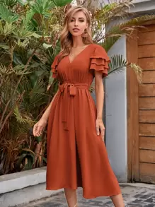 Breezaya V-neck Layered Sleeve Belted Dress - Burnt Orange - View 4