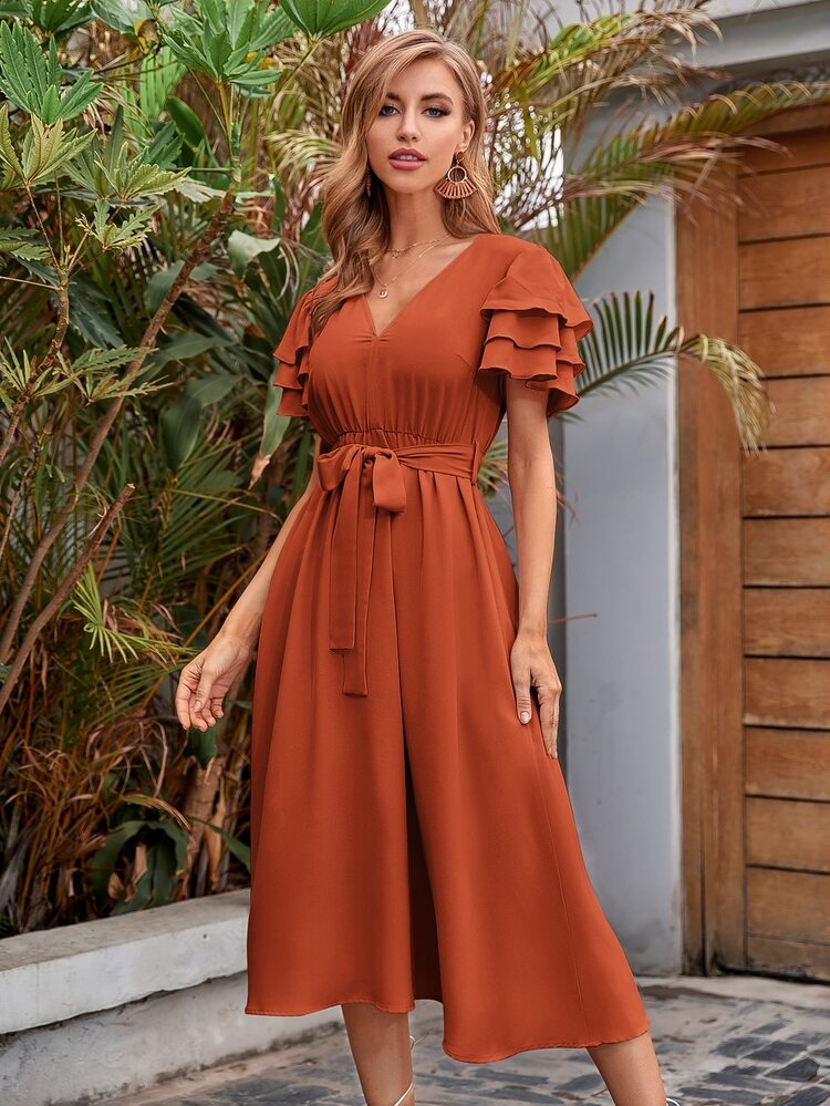 Breezaya V-neck Layered Sleeve Belted Dress - Burnt Orange - View 4