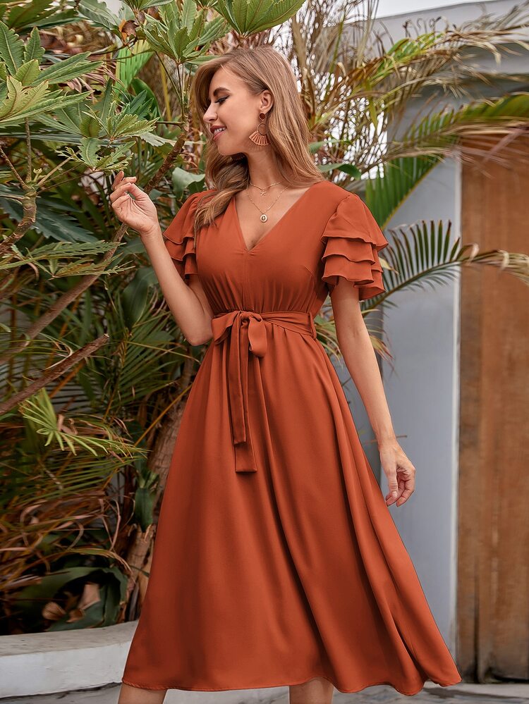 Breezaya V-neck Layered Sleeve Belted Dress - Burnt Orange - View 5