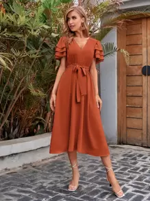Breezaya V-neck Layered Sleeve Belted Dress - Burnt Orange - View 6