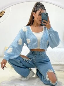 Flirla Clouds Pattern Cardigan Without Camisole Fall Winter Cloth For Women - Baby Blue - View 1
