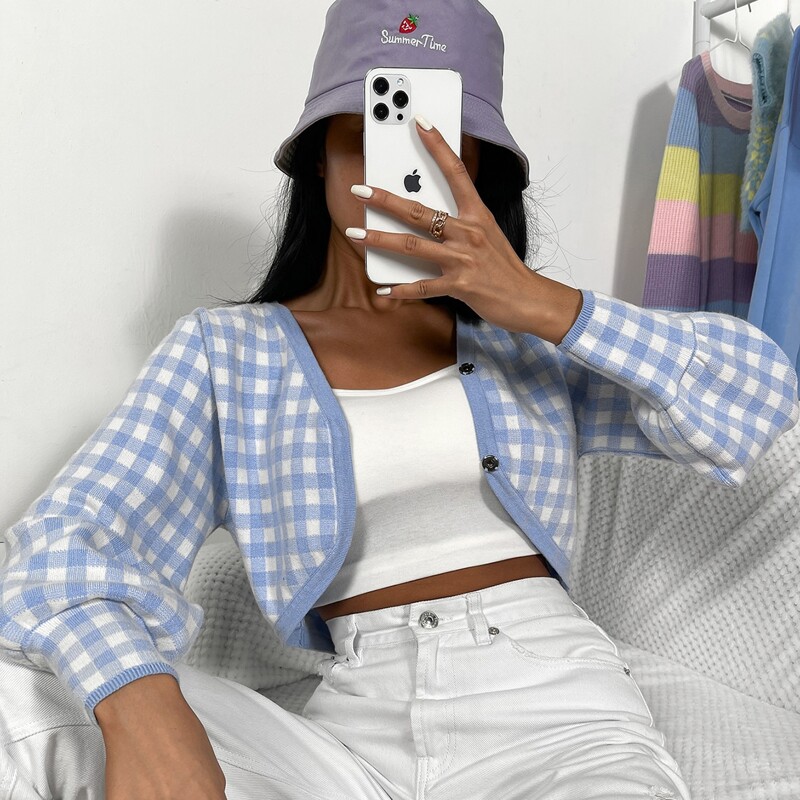 

Single Breasted Gingham Cardigan Without Camisole, Blue and white