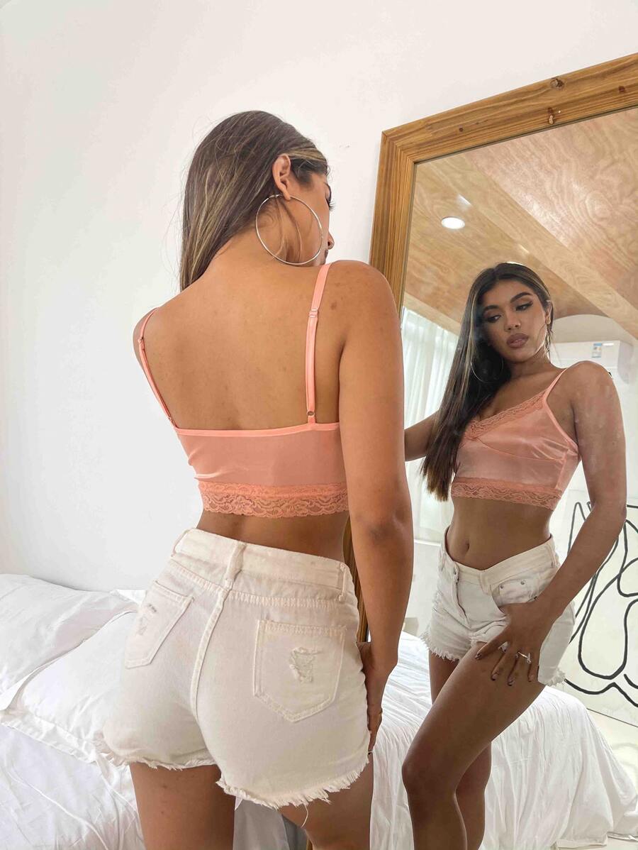 SHEIN Allurite 蕾絲細節吊帶上衣 - 珊瑚粉 - 查看 1