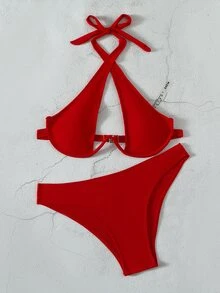Cross Halter Underwire Bikini, For Summer Beach Vacation - Red - View 4