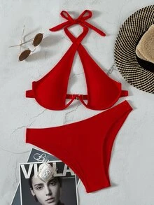 Cross Halter Underwire Bikini, For Summer Beach Vacation - Red - View 5