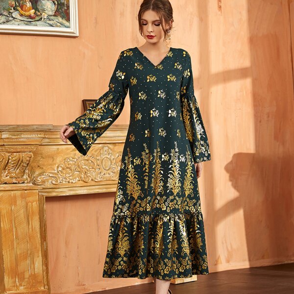 

Ruffle Hem Gold Floral Print Dress, Dark green