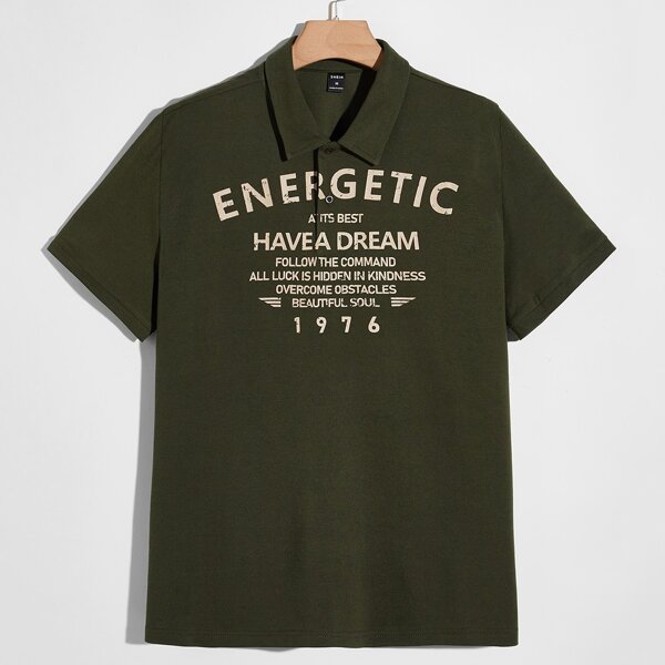 

Men Slogan Graphic Polo Shirt, Army green