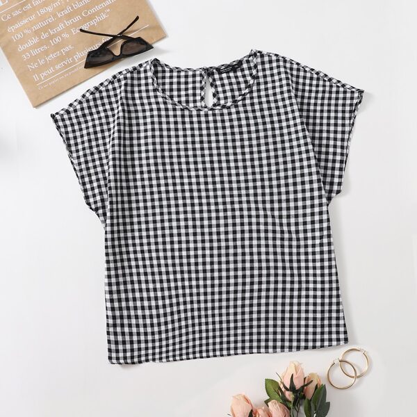 

Plus Batwing Sleeve Gingham Top, Black and white