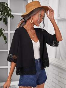 SHEIN Scalloped Lace Trim Solid Kimono, For Summer Beach Vacation - Black - View 1