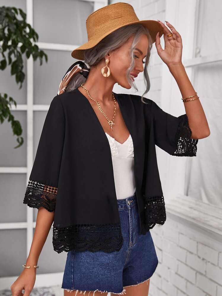 SHEIN Scalloped Lace Trim Solid Kimono, For Summer Beach Vacation - Black - View 1