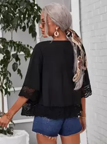 SHEIN Scalloped Lace Trim Solid Kimono, For Summer Beach Vacation - Black - View 2