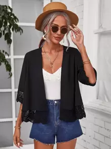 SHEIN Scalloped Lace Trim Solid Kimono, For Summer Beach Vacation - Black - View 4
