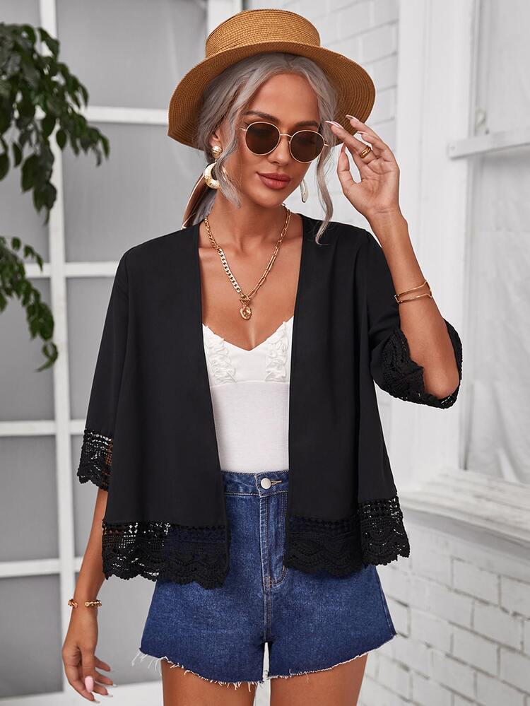 SHEIN Scalloped Lace Trim Solid Kimono, For Summer Beach Vacation - Black - View 4