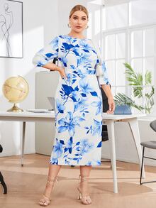 SHEIN Plus Floral Applique Detail Dress - Blue and White - View 3